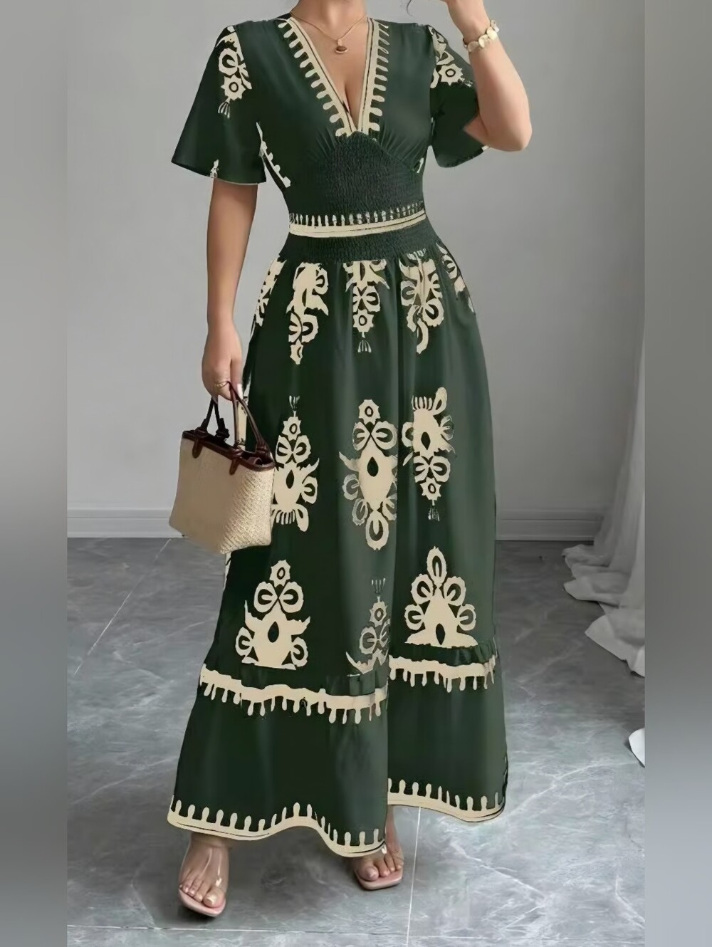 Green & Cream Colored Maxi Dress NWOT